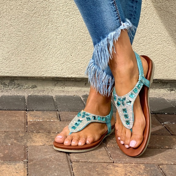 NIB Powder Blue Embellished Flat Thong Sandals - Picture 7 of 7